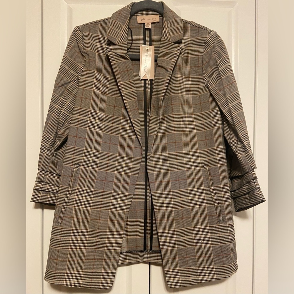 NWT Philosophy Plaid Open Front Blazer Jacket | Brown Tan | S/P